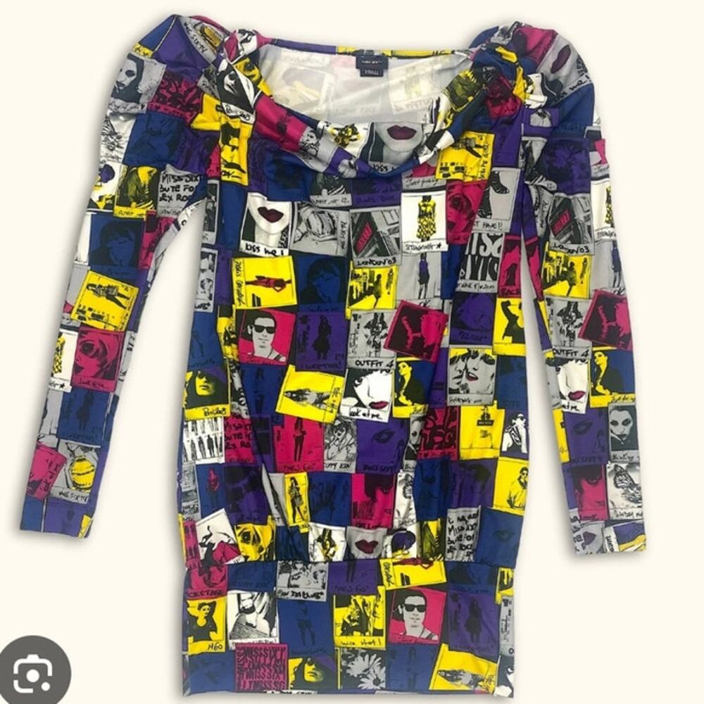 Miss Sixty Mini Dress Sz S Vintage Y2K Pop Art Cowl Neck Puff Sleeves NWT - Picture 2 of 10